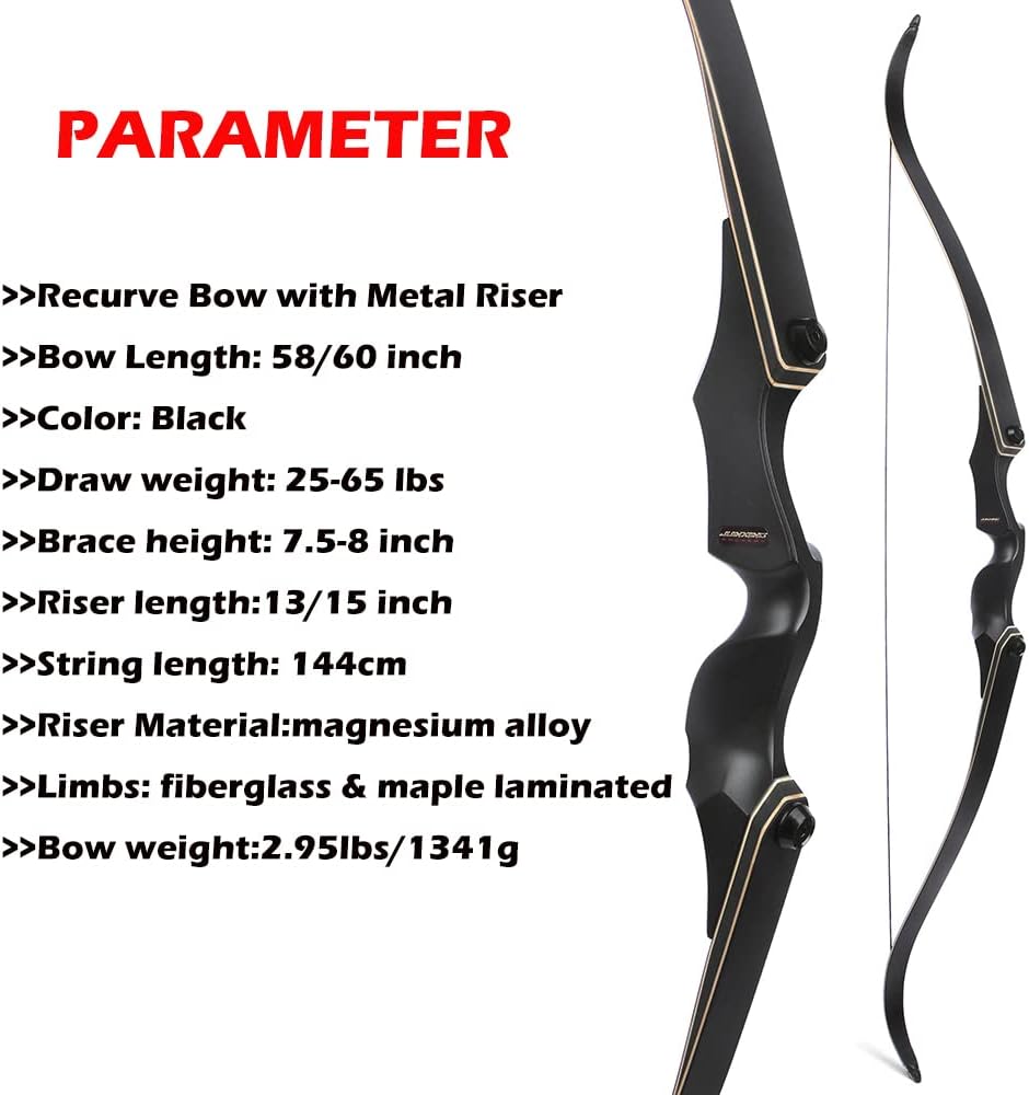 60 Inch Archery Takedown Recurve Bow F171A for Adults/Youth 30-60Lbs American Hunting Bow Magnesium Alloy Metal  Right Handed