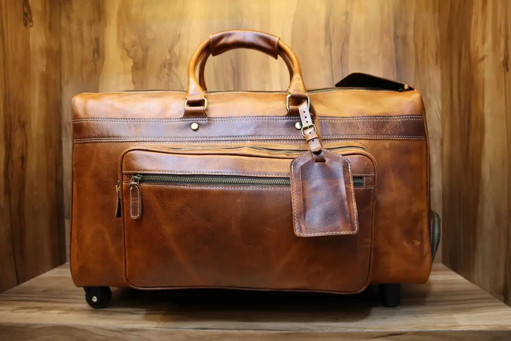 Real Leather Travel Luggage Bag Genuine Cow Leather Travel Bag With Wheels Vintage Design Durable Suitcase Duffle