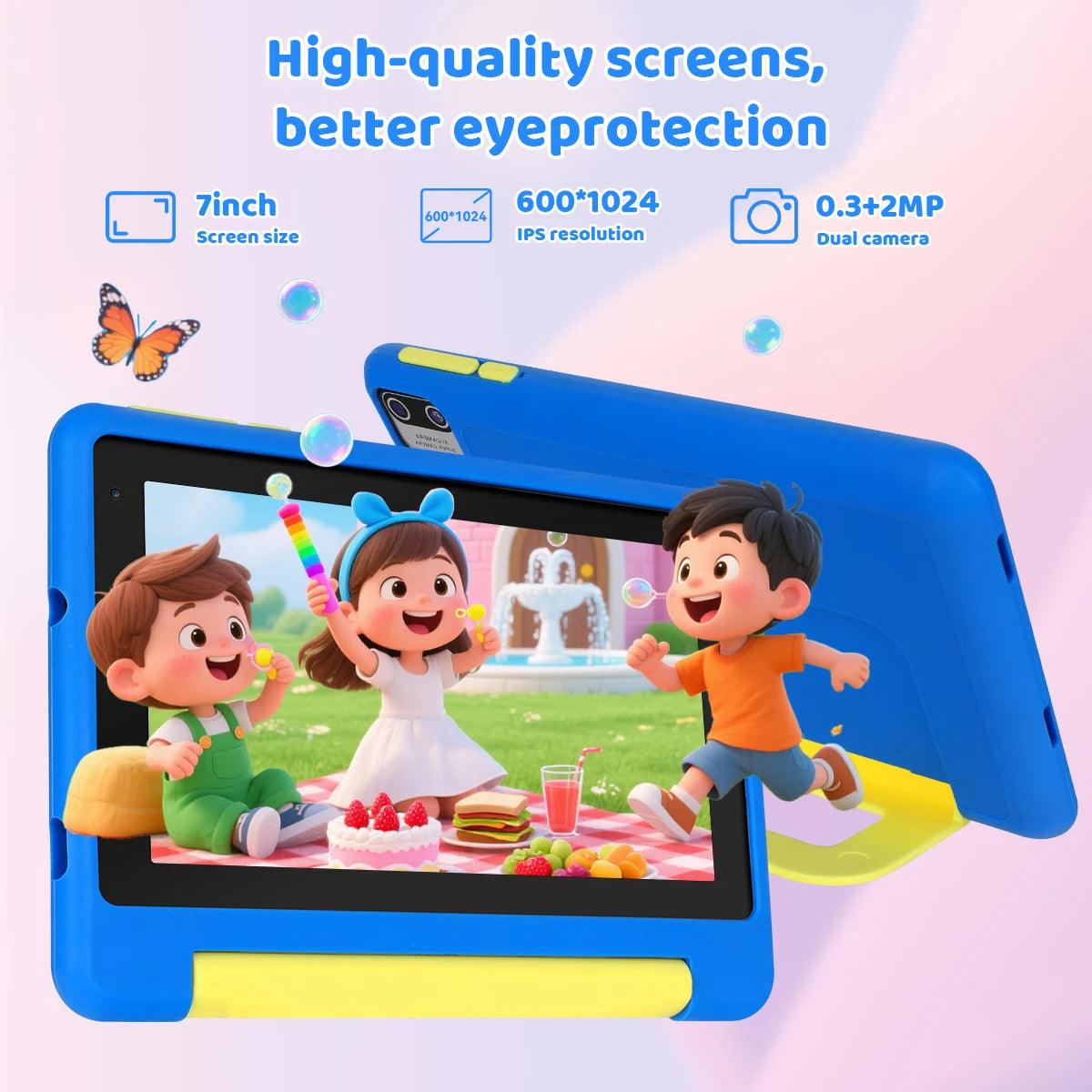KT1018L Kids Tablet Bundle Complete Gift Set 7 Inch Small Portable Children Tablet Quad Core 8GB(2+6) RAM 64GB ROM Android13 2500mAh Battery Parental Control Lavender Blue Toddler Learning Tablet With Headphone & Storage Bag
