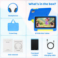 KT1018L Kids Tablet Bundle Complete Gift Set 7 Inch Small Portable Children Tablet Quad Core 8GB(2+6) RAM 64GB ROM Android13 2500mAh Battery Parental Control Lavender Blue Toddler Learning Tablet With Headphone & Storage Bag