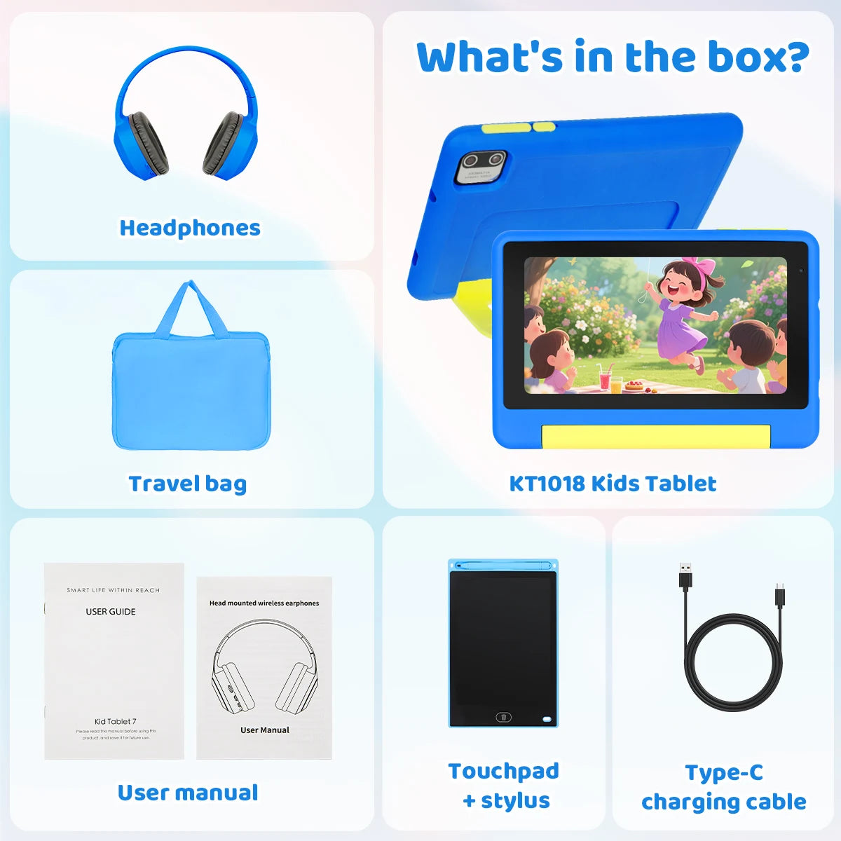KT1018L Kids Tablet Bundle Complete Gift Set 7 Inch Small Portable Children Tablet Quad Core 8GB(2+6) RAM 64GB ROM Android13 2500mAh Battery Parental Control Lavender Blue Toddler Learning Tablet With Headphone & Storage Bag