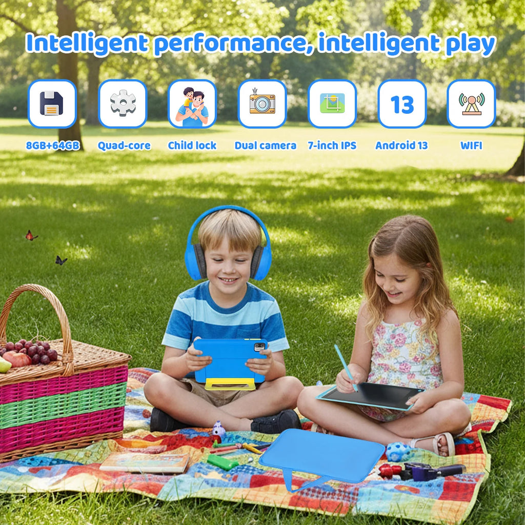 KT1018L Kids Tablet Bundle Complete Gift Set 7 Inch Small Portable Children Tablet Quad Core 8GB(2+6) RAM 64GB ROM Android13 2500mAh Battery Parental Control Lavender Blue Toddler Learning Tablet With Headphone & Storage Bag