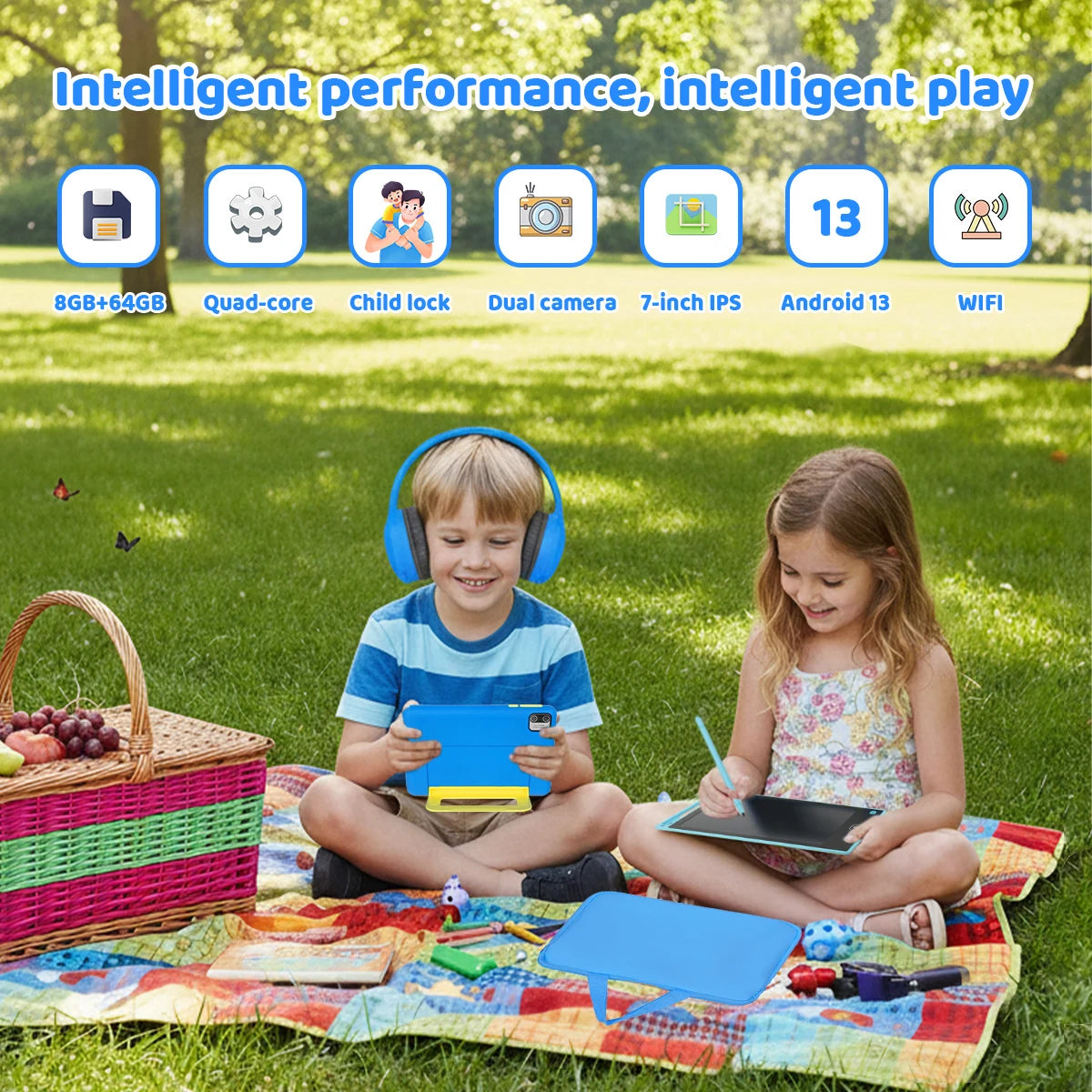 KT1018L Kids Tablet Bundle Complete Gift Set 7 Inch Small Portable Children Tablet Quad Core 8GB(2+6) RAM 64GB ROM Android13 2500mAh Battery Parental Control Lavender Blue Toddler Learning Tablet With Headphone & Storage Bag