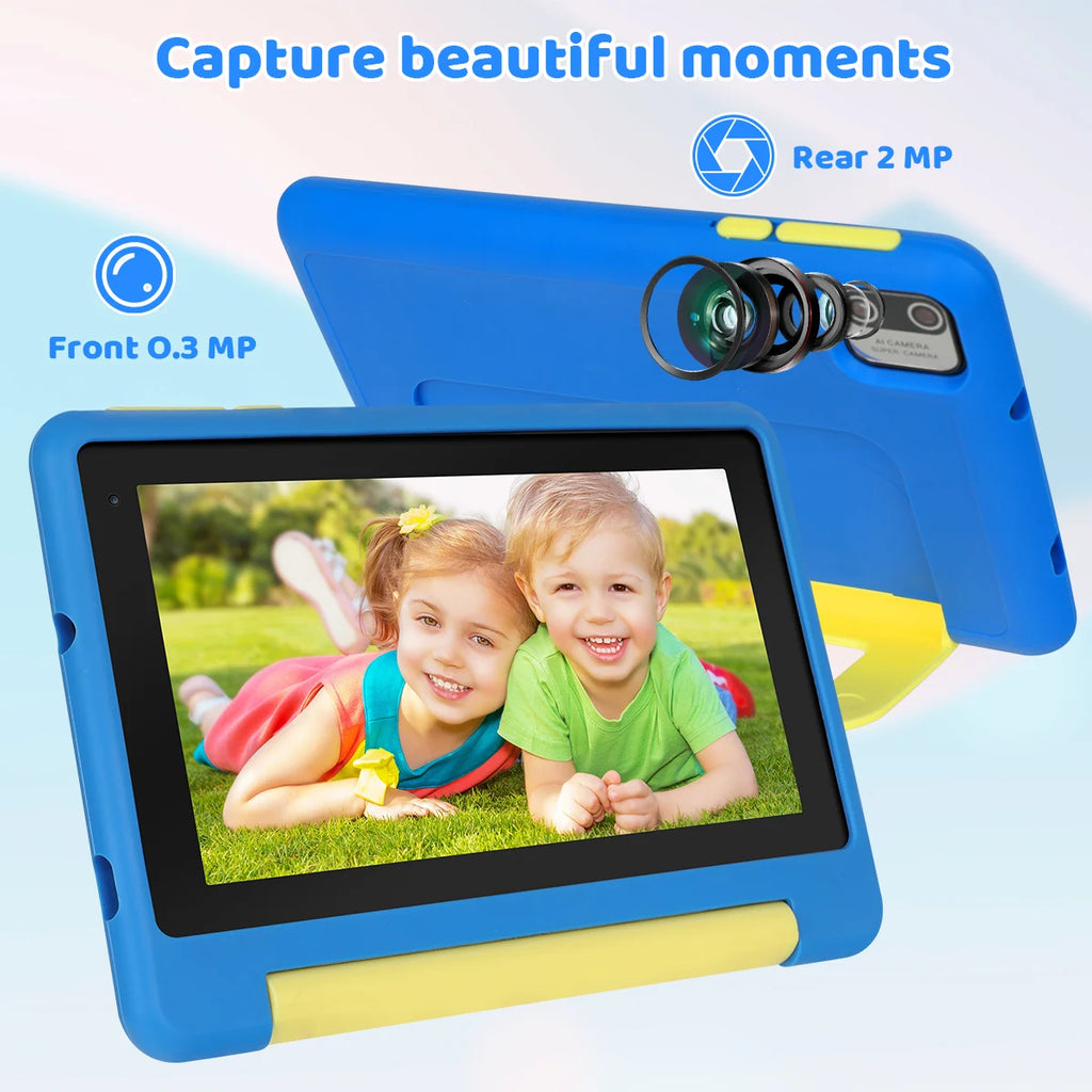 KT1018L Kids Tablet Bundle Complete Gift Set 7 Inch Small Portable Children Tablet Quad Core 8GB(2+6) RAM 64GB ROM Android13 2500mAh Battery Parental Control Lavender Blue Toddler Learning Tablet With Headphone & Storage Bag