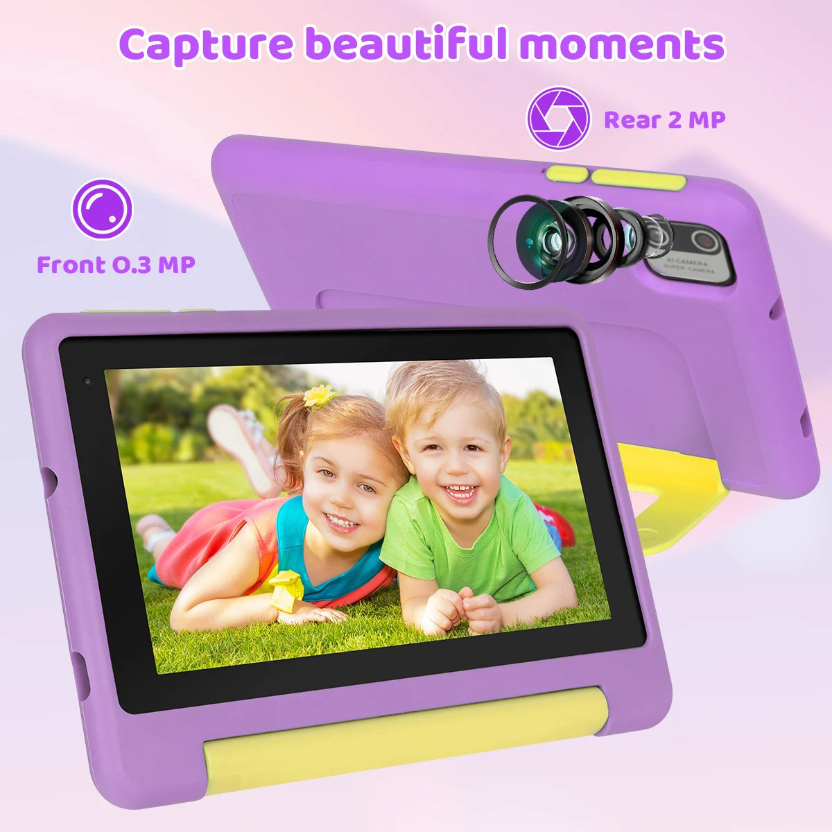 KT1018L Kids Tablet Bundle Complete Gift Set 7 Inch Small Portable Children Tablet Quad Core 8GB(2+6) RAM 64GB ROM Android13 2500mAh Battery Parental Control Lavender Blue Toddler Learning Tablet With Headphone & Storage Bag