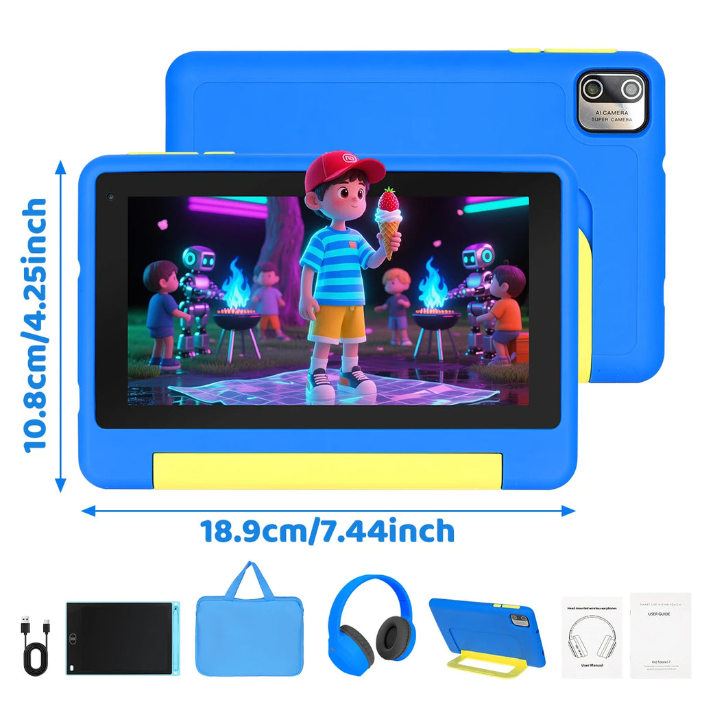 KT1018L Kids Tablet Bundle Complete Gift Set 7 Inch Small Portable Children Tablet Quad Core 8GB(2+6) RAM 64GB ROM Android13 2500mAh Battery Parental Control Lavender Blue Toddler Learning Tablet With Headphone & Storage Bag