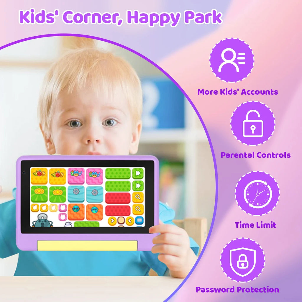 KT1018L Kids Tablet Bundle Complete Gift Set 7 Inch Small Portable Children Tablet Quad Core 8GB(2+6) RAM 64GB ROM Android13 2500mAh Battery Parental Control Lavender Blue Toddler Learning Tablet With Headphone & Storage Bag