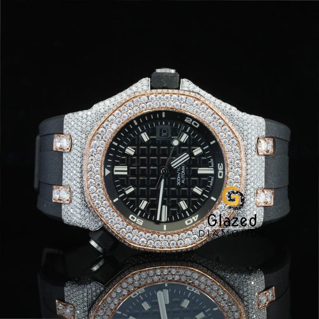 Designer White Bar Black Mechanical Two Tone Watch Glass Crystal Limited Edition Brilliant Cut VVS Clarity Lab Grown Diamonds