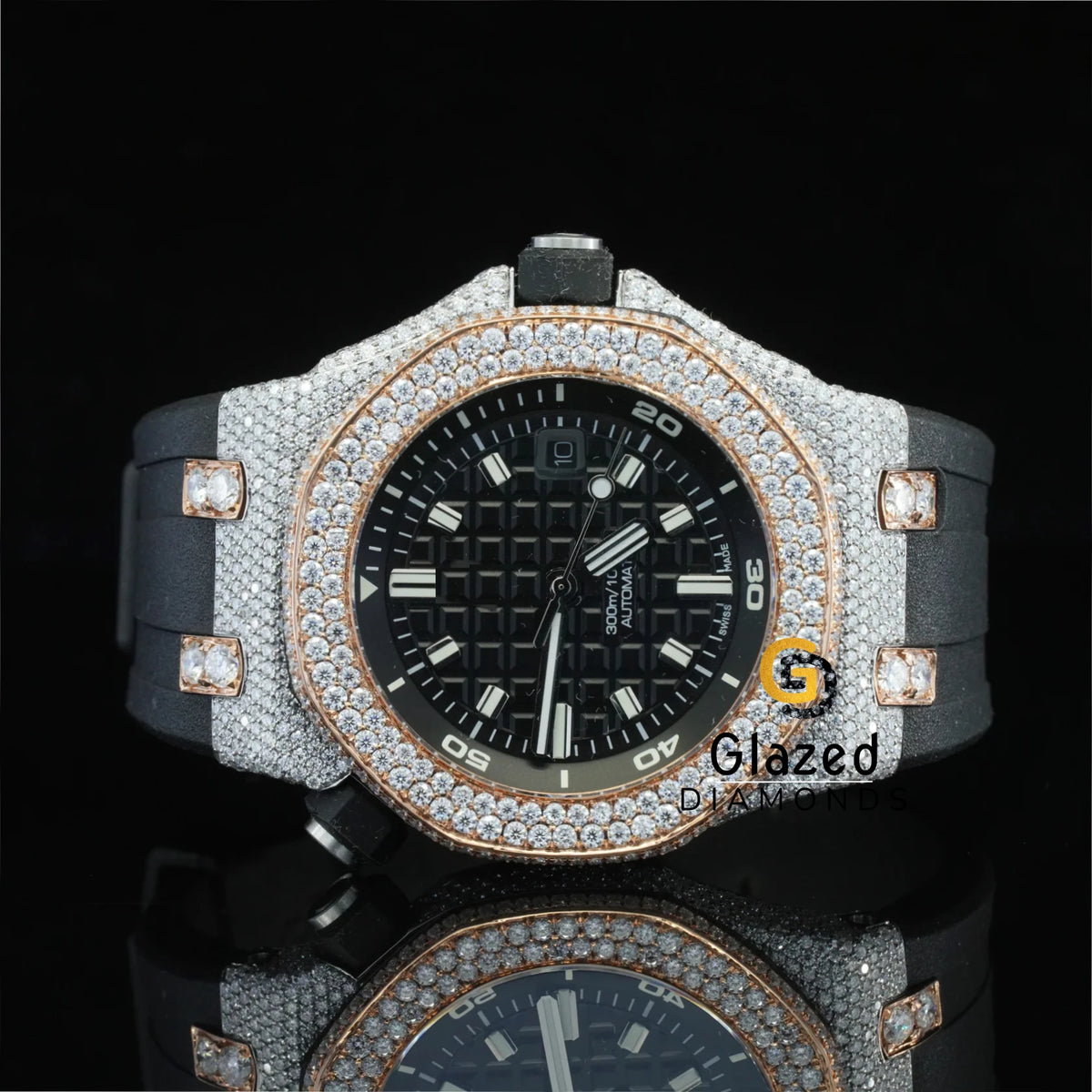 Designer White Bar Black Mechanical Two Tone Watch Glass Crystal Limited Edition Brilliant Cut VVS Clarity Lab Grown Diamonds