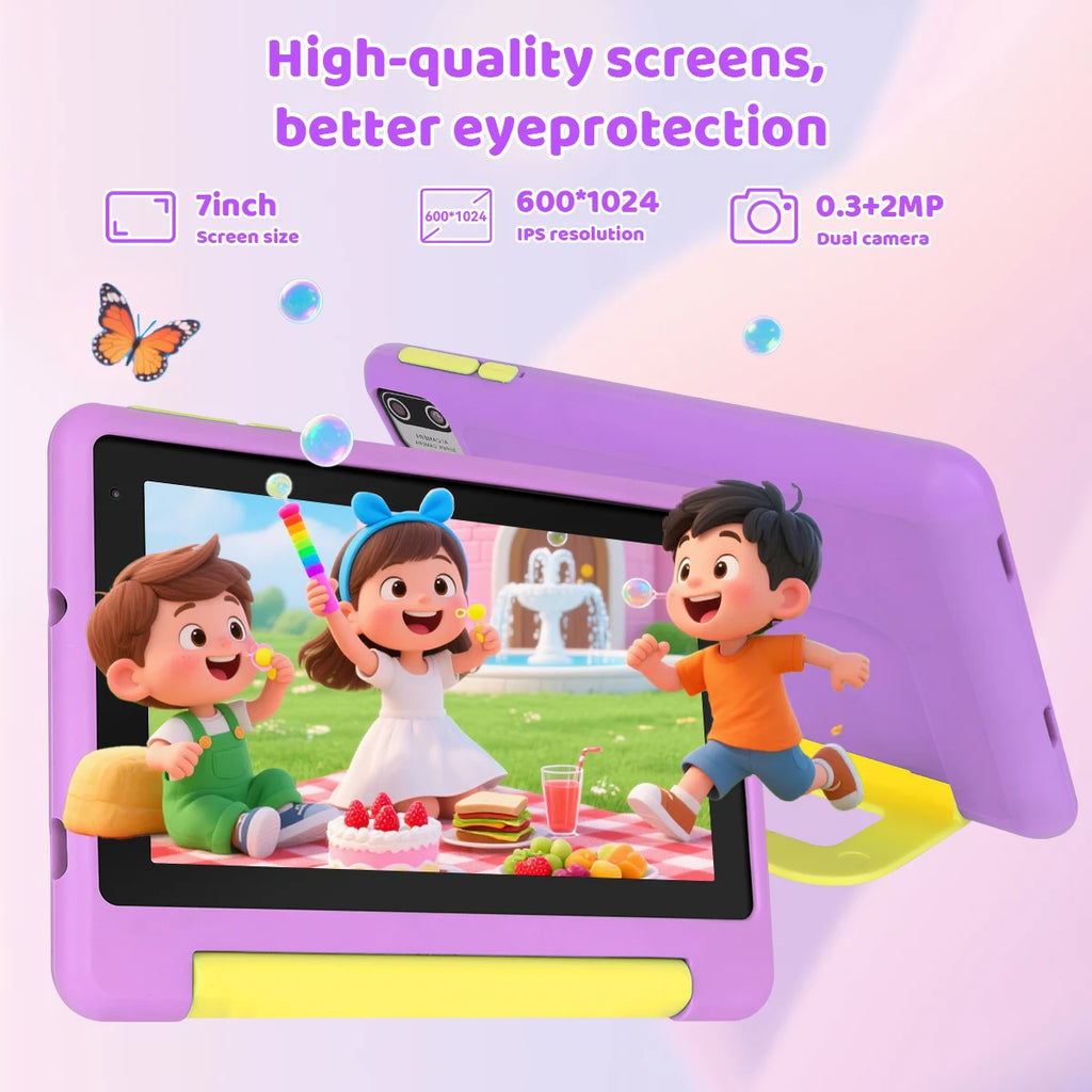 KT1018L Kids Tablet Bundle Complete Gift Set 7 Inch Small Portable Children Tablet Quad Core 8GB(2+6) RAM 64GB ROM Android13 2500mAh Battery Parental Control Lavender Blue Toddler Learning Tablet With Headphone & Storage Bag