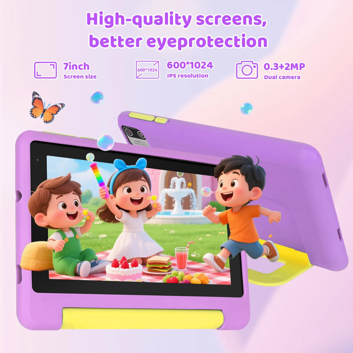 KT1018L Kids Tablet Bundle Complete Gift Set 7 Inch Small Portable Children Tablet Quad Core 8GB(2+6) RAM 64GB ROM Android13 2500mAh Battery Parental Control Lavender Blue Toddler Learning Tablet With Headphone & Storage Bag