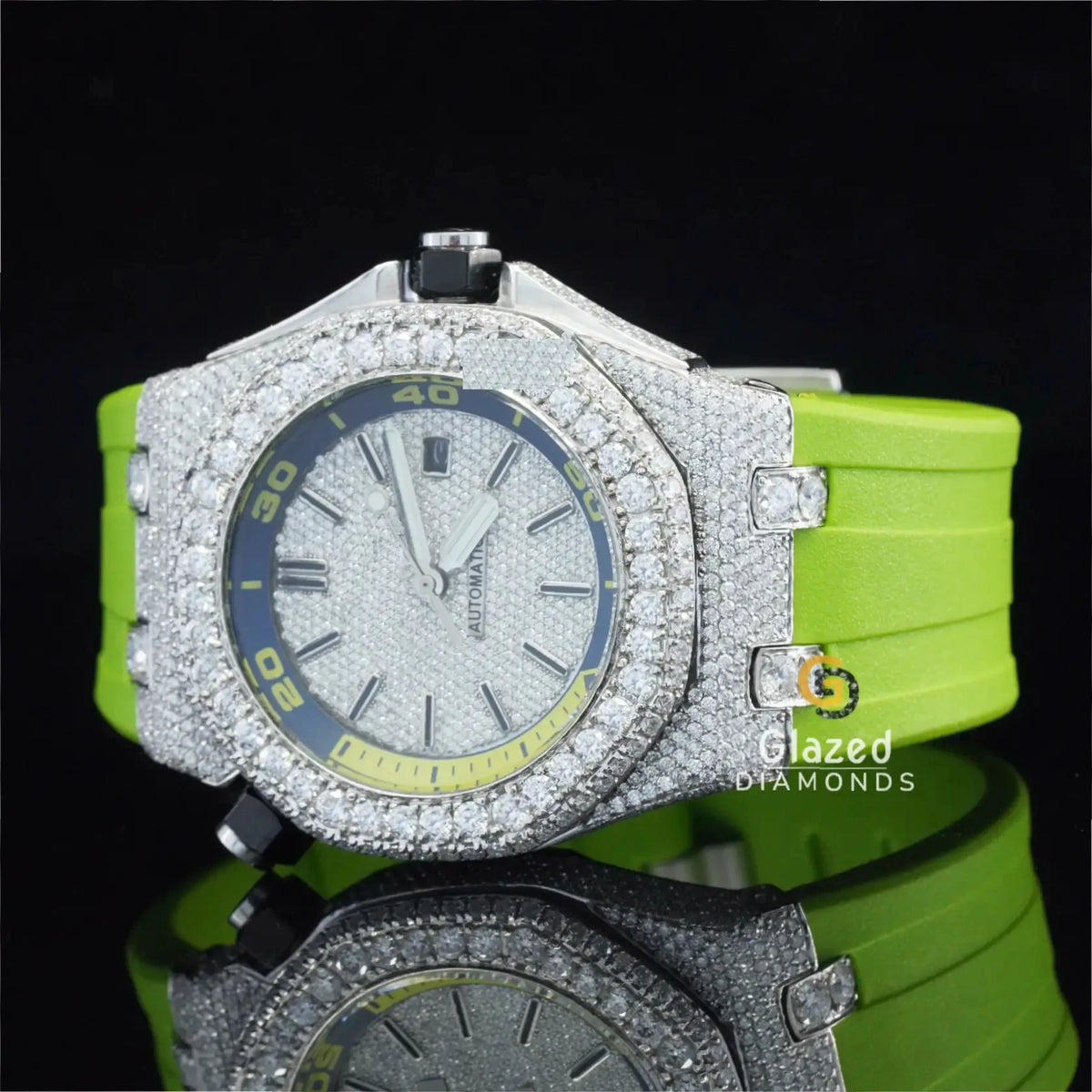 New Moissanite Watch With Green Rubber Band Iced Out by Round Brilliant Cut Diamond for Men Enhancing Vvs Clarity