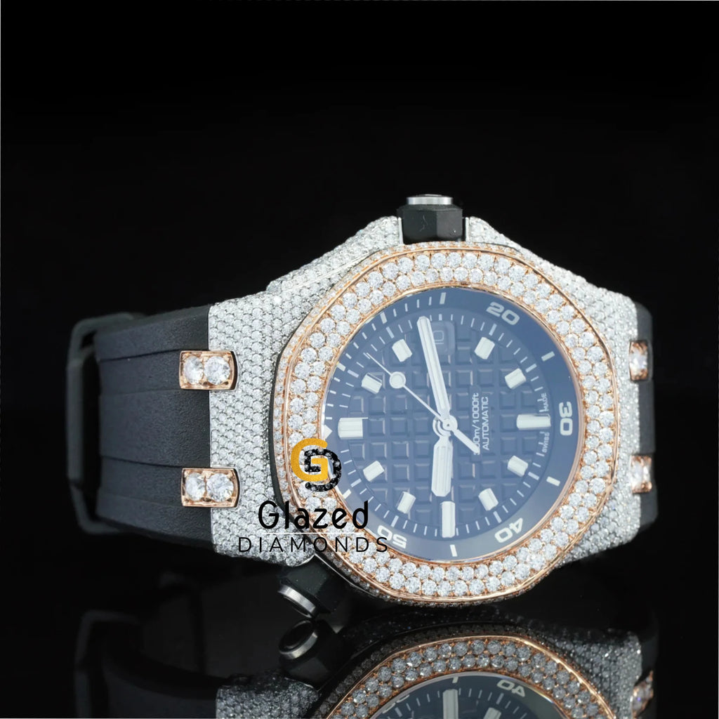 Designer White Bar Black Mechanical Two Tone Watch Glass Crystal Limited Edition Brilliant Cut VVS Clarity Lab Grown Diamonds
