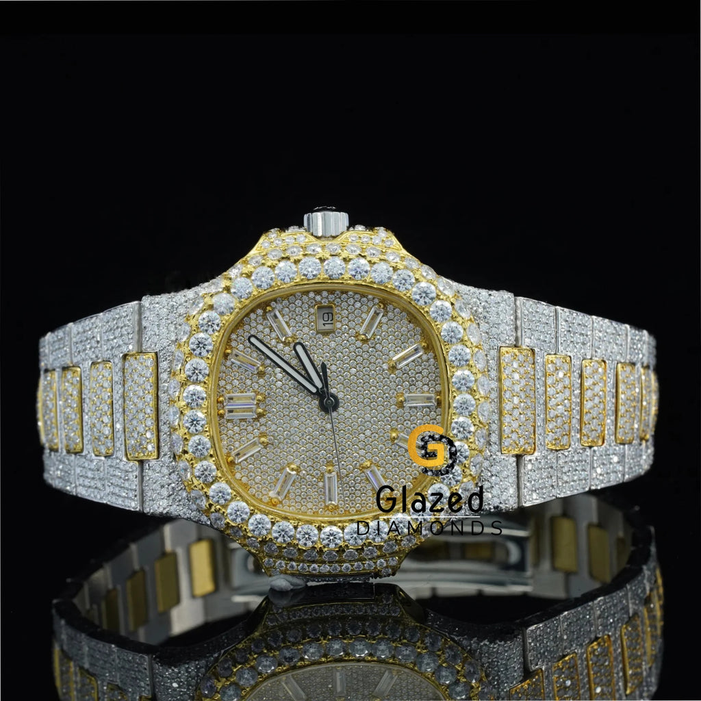 Adorable Stainless Steel Mechanical Watch with Analog Glass Dial Round Cut Moissanite & VVs Clarity Sparkling Diamonds for Men