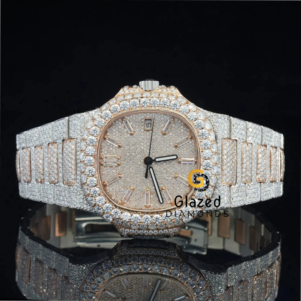 Adorable Stainless Steel Mechanical Watch with Analog Glass Dial Round Cut Moissanite & VVs Clarity Sparkling Diamonds for Men