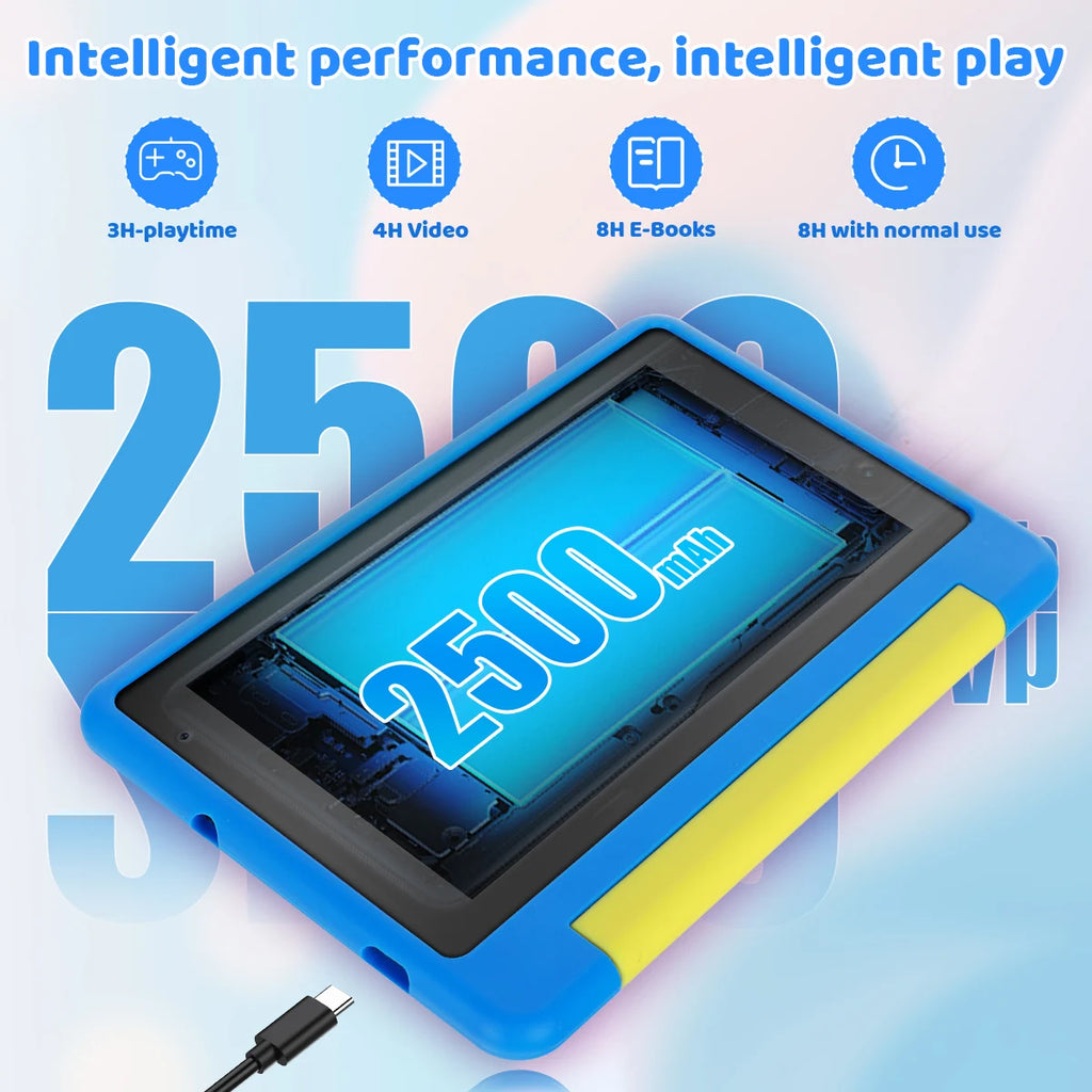 KT1018L Kids Tablet Bundle Complete Gift Set 7 Inch Small Portable Children Tablet Quad Core 8GB(2+6) RAM 64GB ROM Android13 2500mAh Battery Parental Control Lavender Blue Toddler Learning Tablet With Headphone & Storage Bag