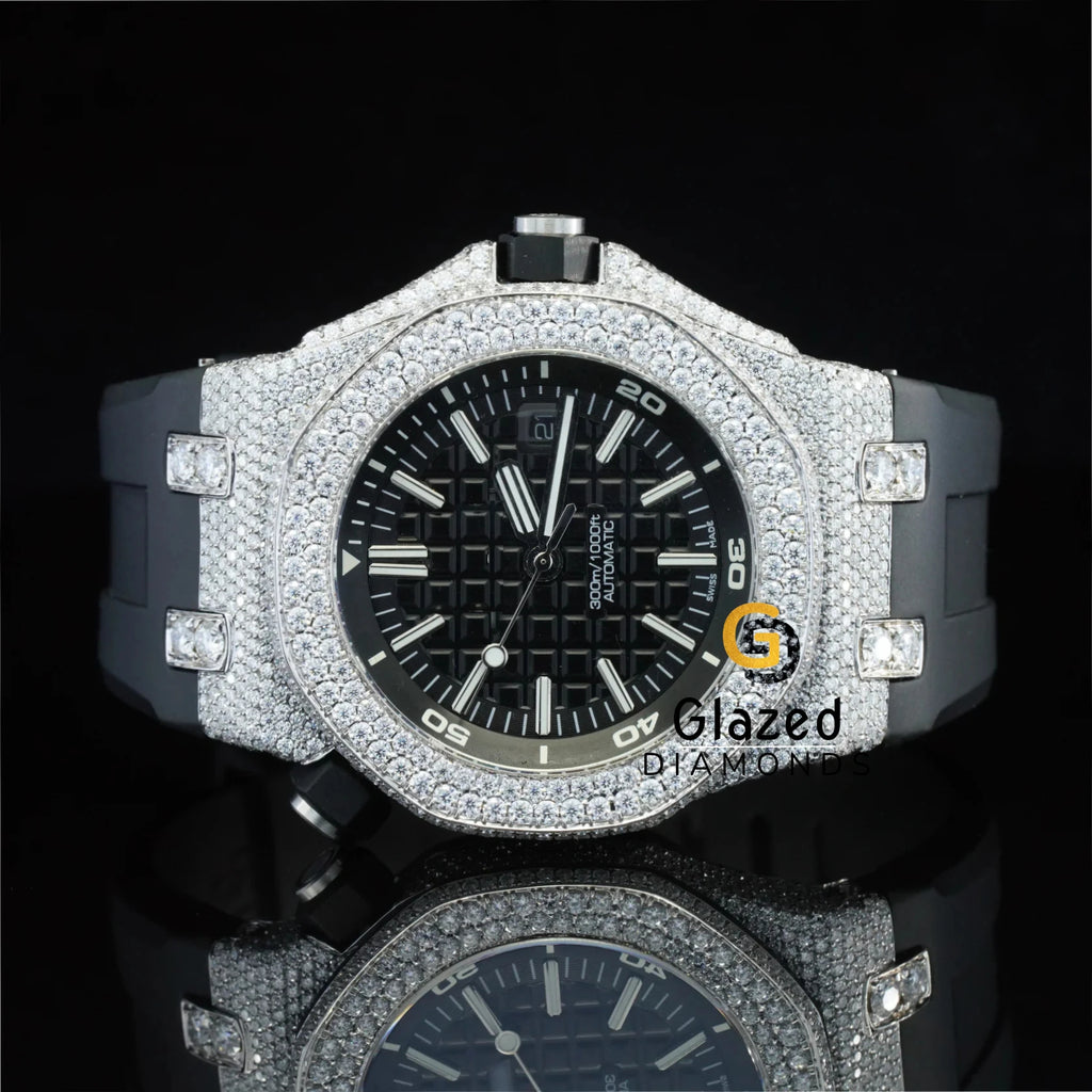 Designer White Bar Black Mechanical Two Tone Watch Glass Crystal Limited Edition Brilliant Cut VVS Clarity Lab Grown Diamonds