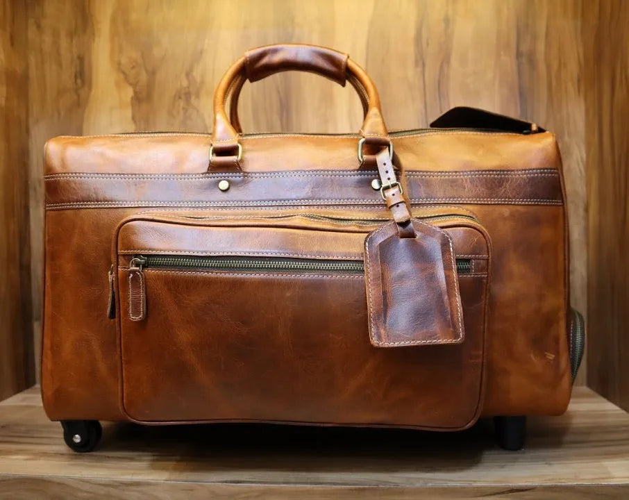 Vintage Design Durable Suitcase Real Leather Travel Luggage Bag Genuine Cow Leather Travel Bag With Wheels