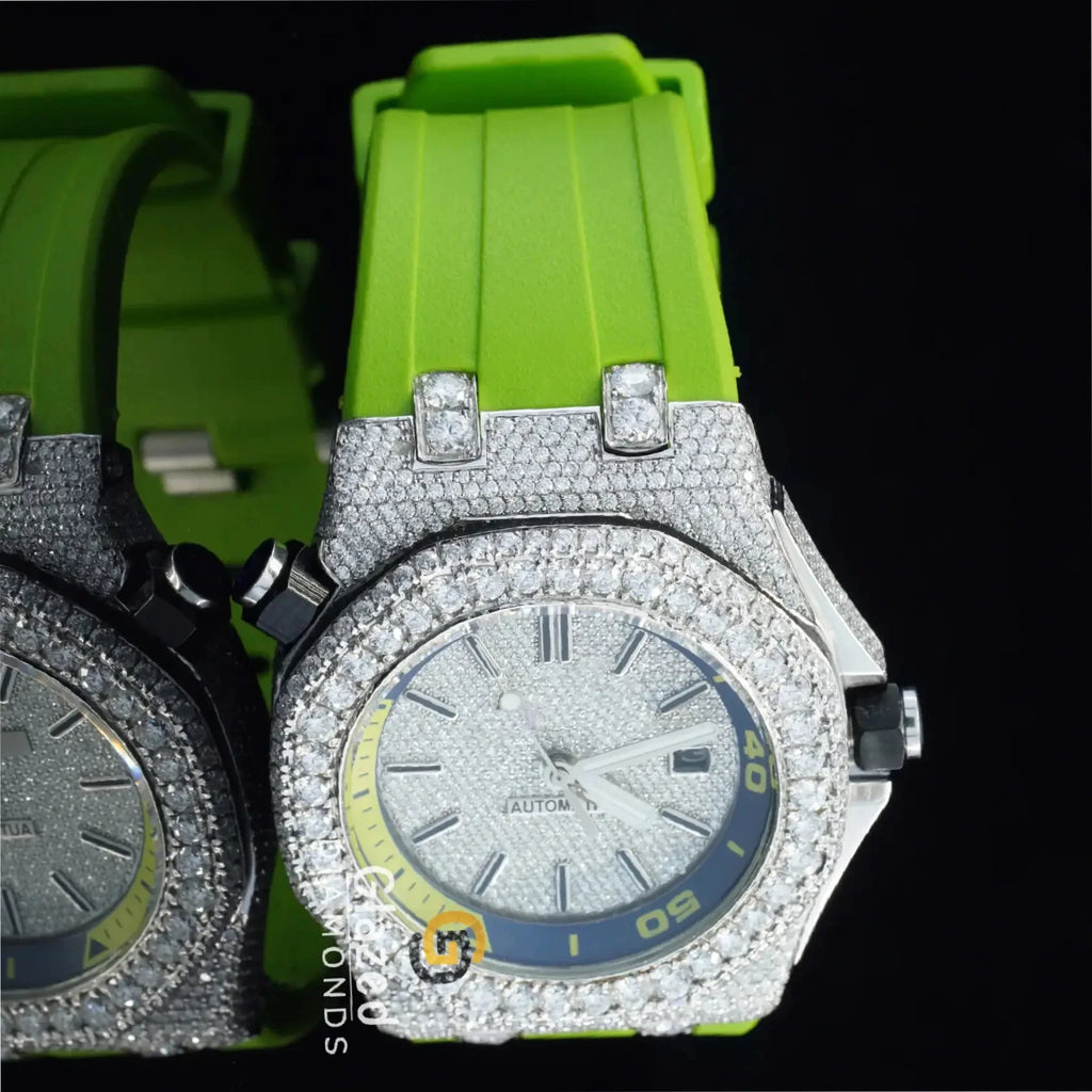 New Moissanite Watch With Green Rubber Band Iced Out by Round Brilliant Cut Diamond for Men Enhancing Vvs Clarity