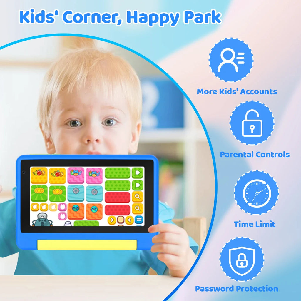 KT1018L Kids Tablet Bundle Complete Gift Set 7 Inch Small Portable Children Tablet Quad Core 8GB(2+6) RAM 64GB ROM Android13 2500mAh Battery Parental Control Lavender Blue Toddler Learning Tablet With Headphone & Storage Bag
