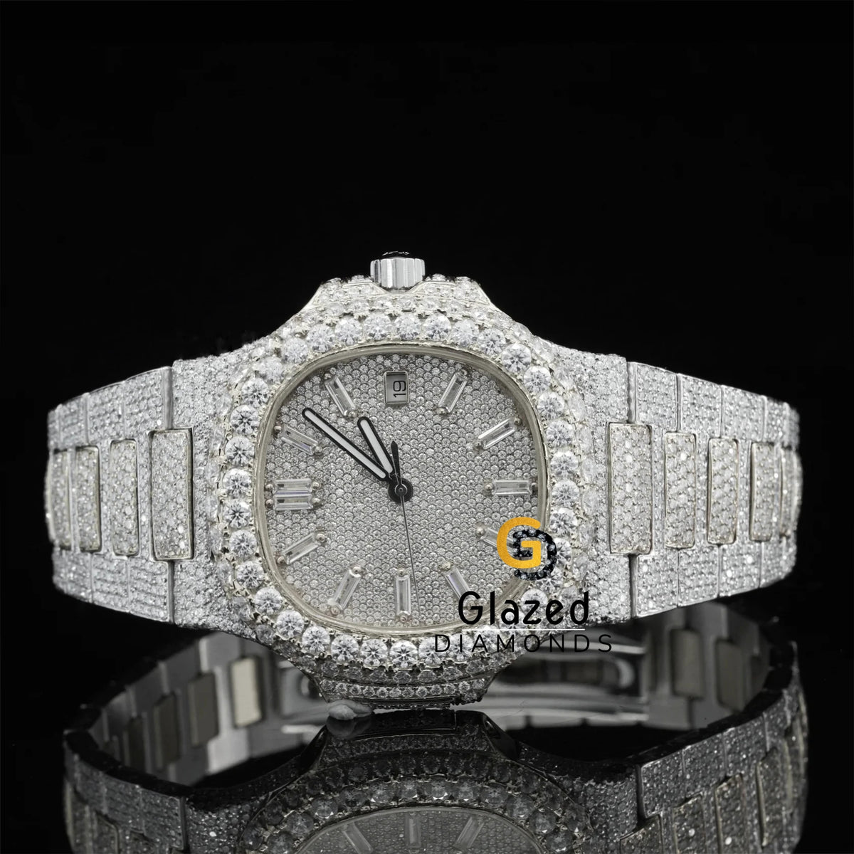 Adorable Stainless Steel Mechanical Watch with Analog Glass Dial Round Cut Moissanite & VVs Clarity Sparkling Diamonds for Men