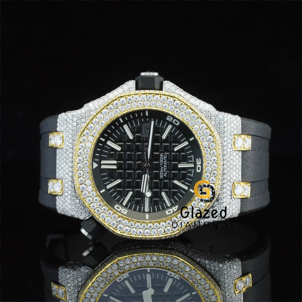 Designer White Bar Black Mechanical Two Tone Watch Glass Crystal Limited Edition Brilliant Cut VVS Clarity Lab Grown Diamonds