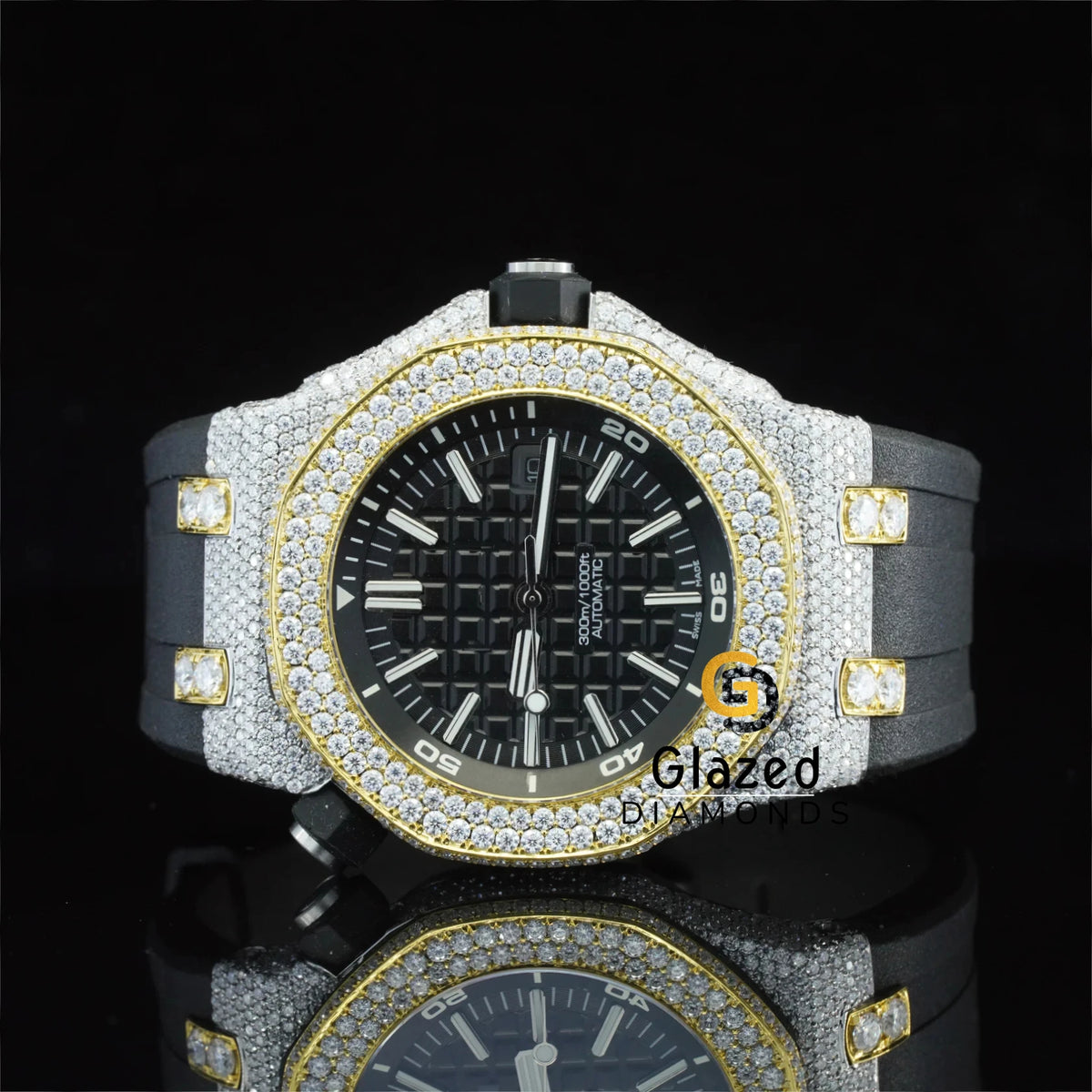 Designer White Bar Black Mechanical Two Tone Watch Glass Crystal Limited Edition Brilliant Cut VVS Clarity Lab Grown Diamonds