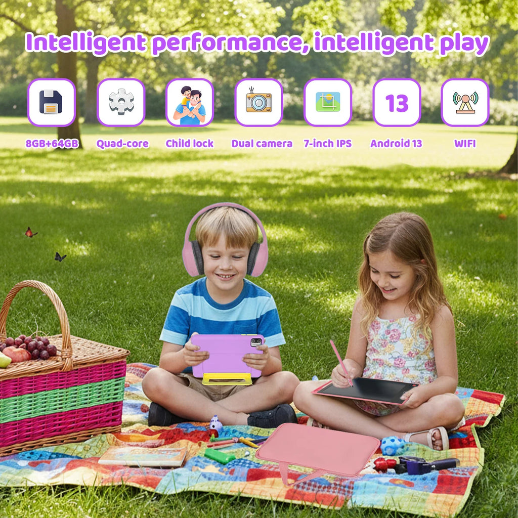 KT1018L Kids Tablet Bundle Complete Gift Set 7 Inch Small Portable Children Tablet Quad Core 8GB(2+6) RAM 64GB ROM Android13 2500mAh Battery Parental Control Lavender Blue Toddler Learning Tablet With Headphone & Storage Bag