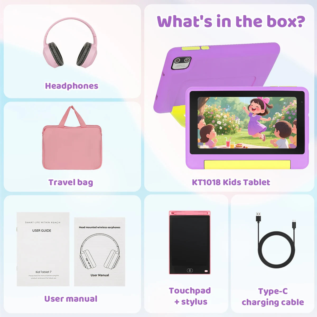 KT1018L Kids Tablet Bundle Complete Gift Set 7 Inch Small Portable Children Tablet Quad Core 8GB(2+6) RAM 64GB ROM Android13 2500mAh Battery Parental Control Lavender Blue Toddler Learning Tablet With Headphone & Storage Bag