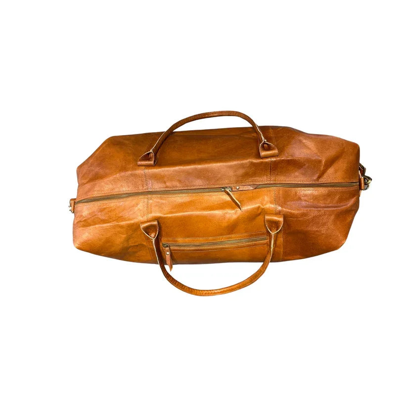 Vintage Real Goat Leather Travel Luggage Duffle Bag Stylish Weekender Duffel Bag with Zipper Closure