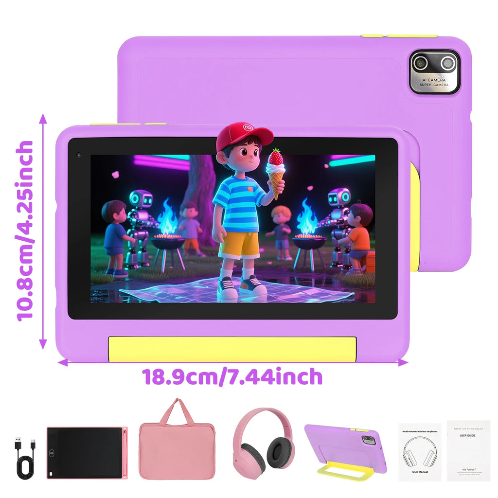 KT1018L Kids Tablet Bundle Complete Gift Set 7 Inch Small Portable Children Tablet Quad Core 8GB(2+6) RAM 64GB ROM Android13 2500mAh Battery Parental Control Lavender Blue Toddler Learning Tablet With Headphone & Storage Bag