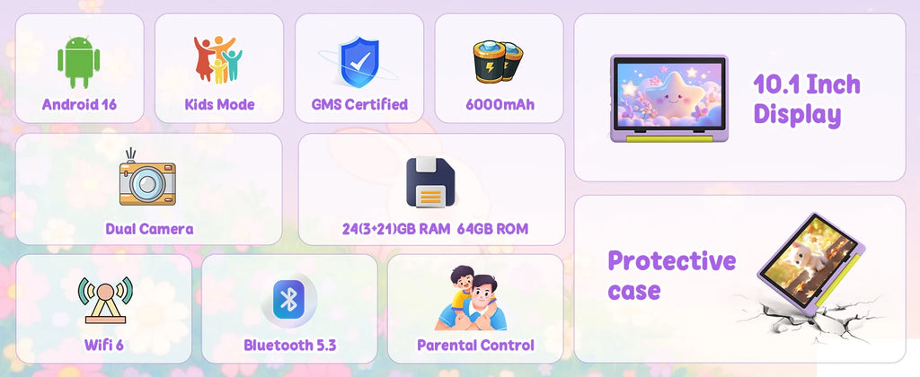 BUFO Kids Tablet 10.1 Inch Five Core Processor 24GB(3+21) RAM 64GB ROM Android 16 IPS HD Display 6000mAh Battery Parental Control Dual Camera TF 1TB Expand WiFi Children Learning Gaming Tablet Only Tablet