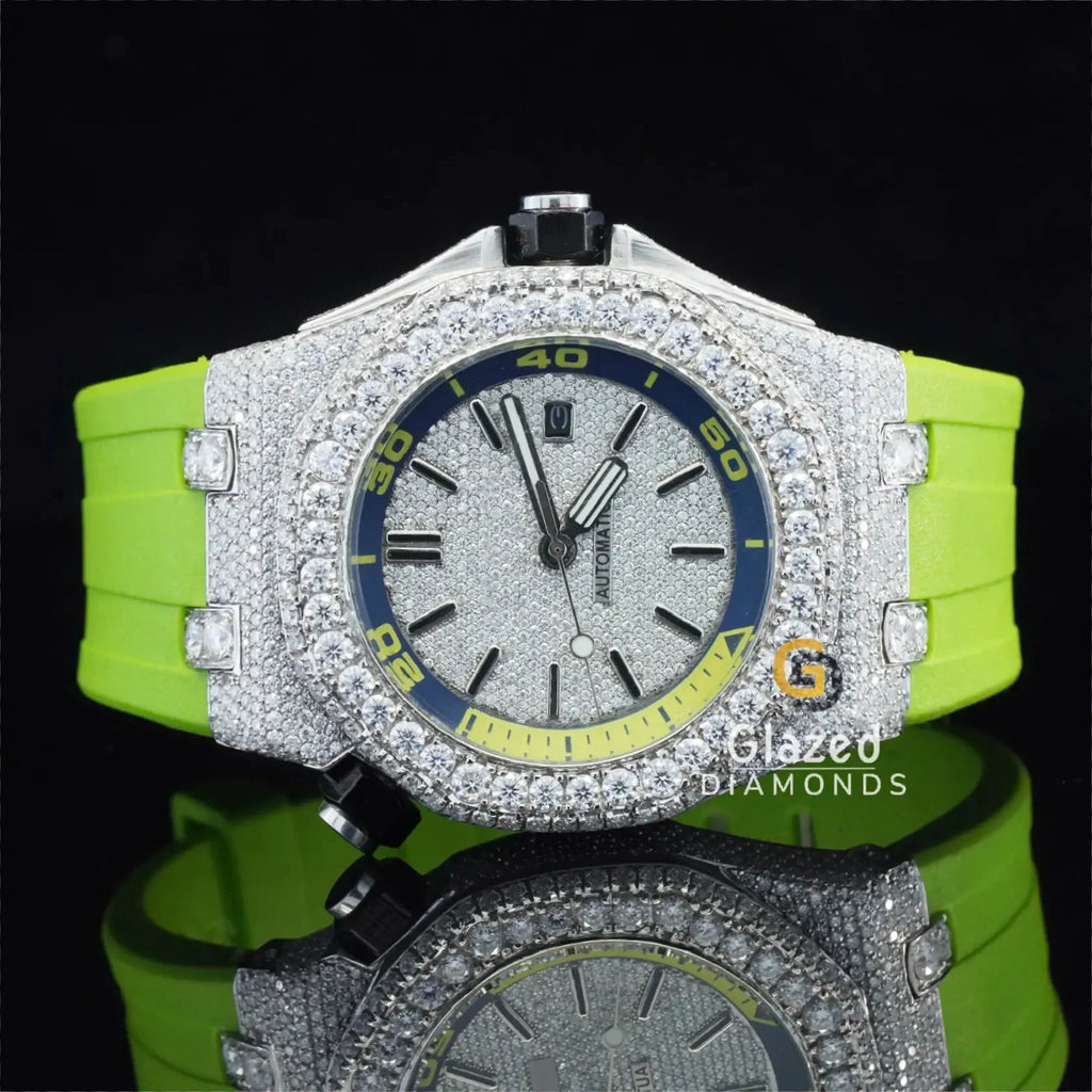 New Moissanite Watch With Green Rubber Band Iced Out by Round Brilliant Cut Diamond for Men Enhancing Vvs Clarity