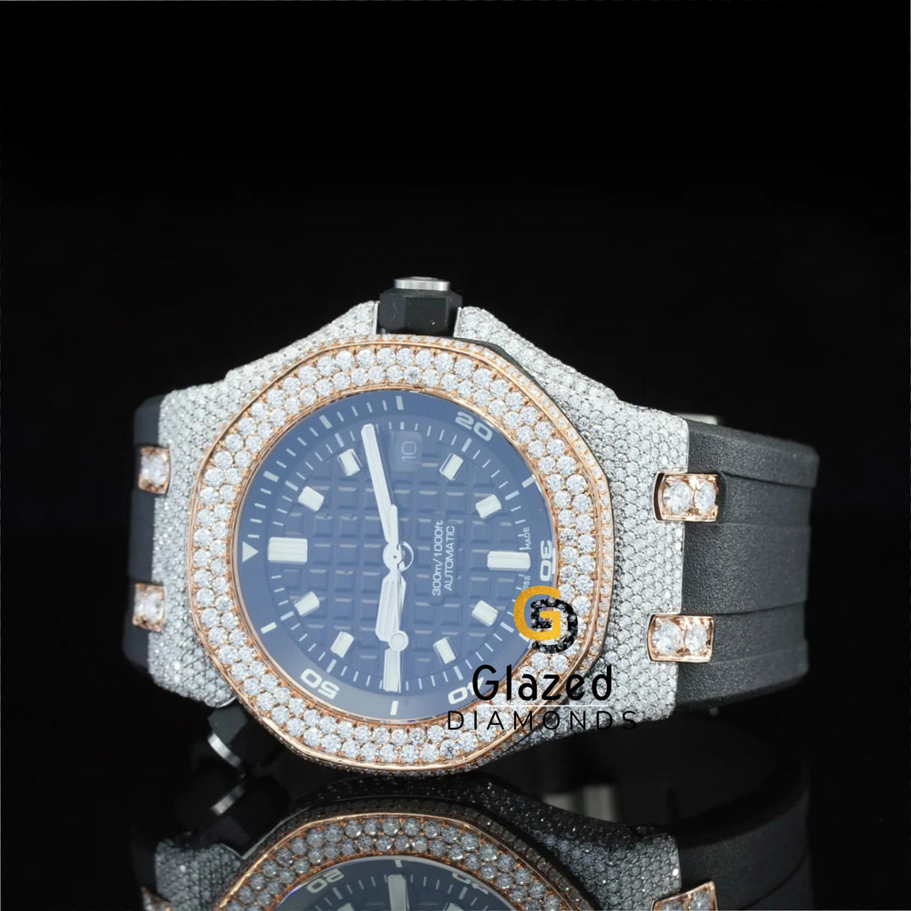 Designer White Bar Black Mechanical Two Tone Watch Glass Crystal Limited Edition Brilliant Cut VVS Clarity Lab Grown Diamonds