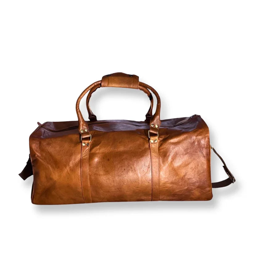 Customized Genuine Goat Leather Vintage Stylish Handcrafted Leather Duffle Travel Bag with Zipper Closer