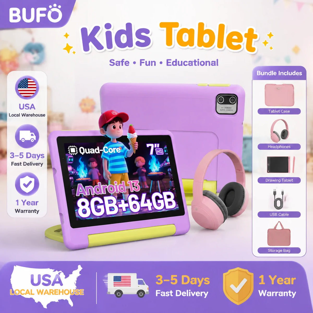 KT1018L Kids Tablet Bundle Complete Gift Set 7 Inch Small Portable Children Tablet Quad Core 8GB(2+6) RAM 64GB ROM Android13 2500mAh Battery Parental Control Lavender Blue Toddler Learning Tablet With Headphone & Storage Bag