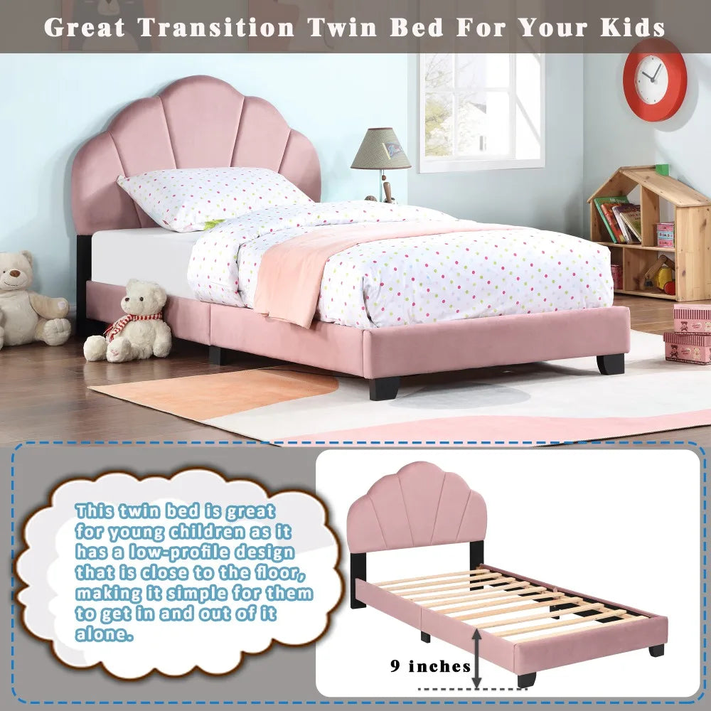 Upholstered Twin Size Platform Bed for Kids, Wooden Bed Frame with Slatted Bed Base, Cute Bed Frame with Shell Design Headboard