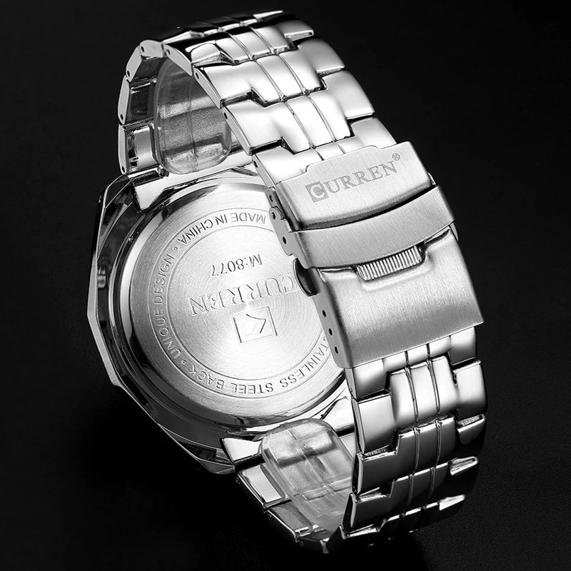 CURREN 8077  Popular  Male Quartz Watch Best Stainless Steel Band Luminous Chrono in Stock Leisure Watch Set