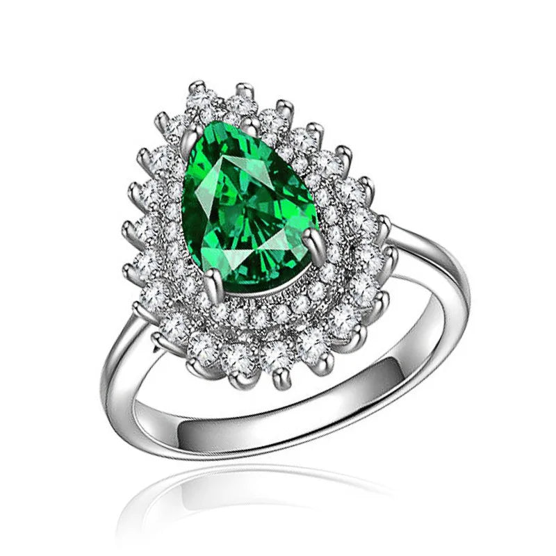 T0825 Women's Emerald Crystal Ring Water Drop Shape Party Jewelry Rhinestone Accent Silver Tone Band