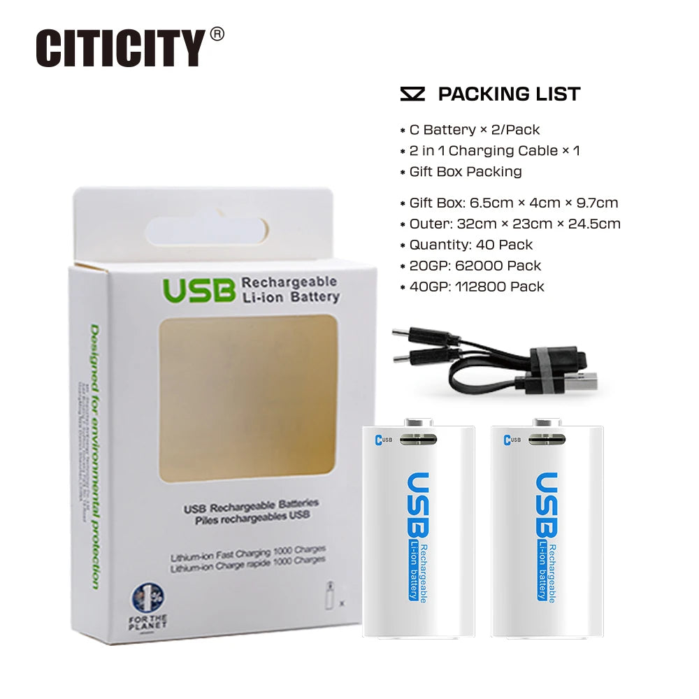 CITICITY Rechargeable C Cylindrical Lithium Ion Battery 1.5V 3000mAh USB Charger Included 3.5H Fast Charge 1200+ Cycles