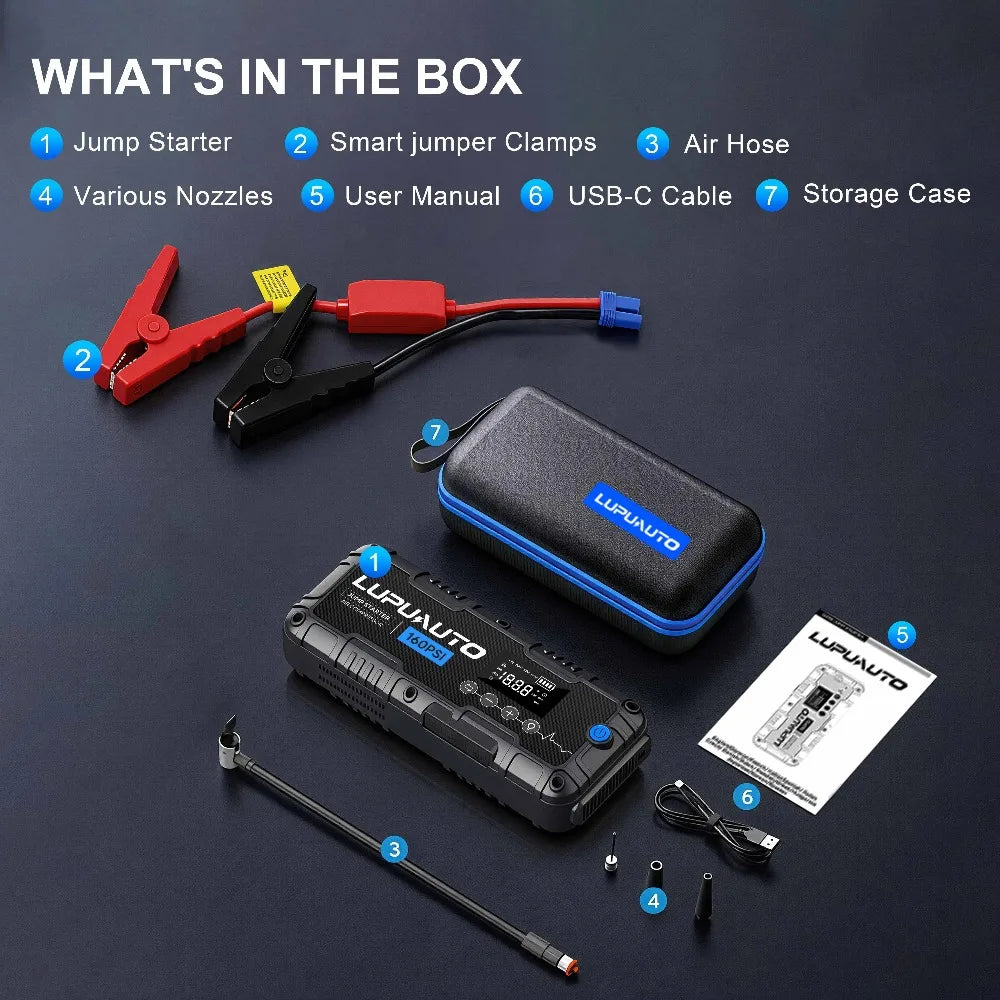 4-in-1 Portable 4000A Car Battery Charger Power Bank Tire Inflator with LED Light 160PSI Air Compressor Battery Booster