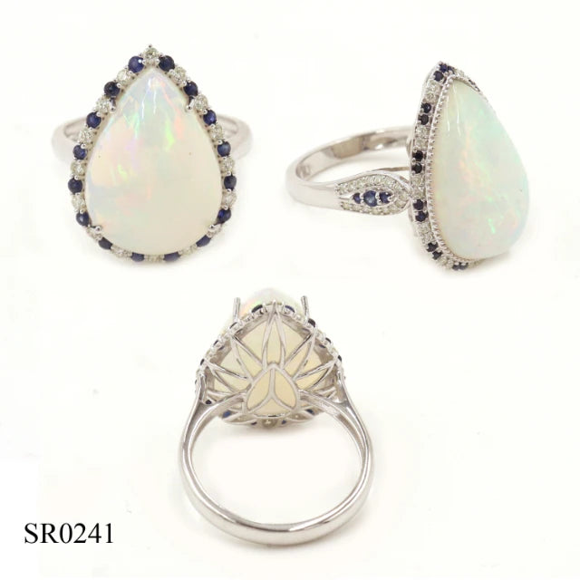 14KW Opal (Pears) 8.33 CT, Blue Sapphire (Round) 0.32 CT, White Diamond (Round) 0.24 CT Ring gemstone ring Gold rings  14K Gold