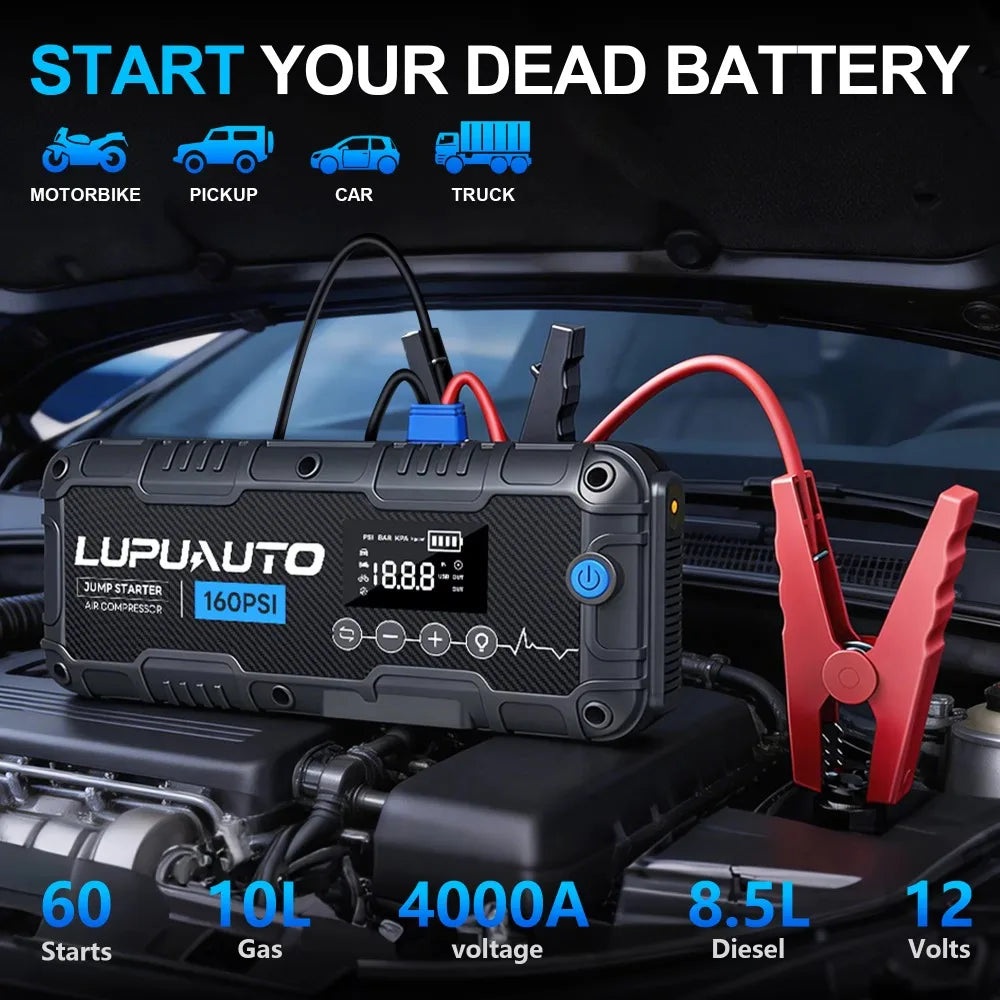 4-in-1 Portable 4000A Car Battery Charger Power Bank Tire Inflator with LED Light 160PSI Air Compressor Battery Booster