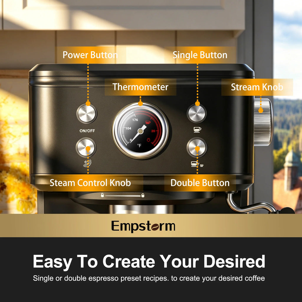 For Professional Electric Espresso Coffee Machine Semi-Automatic Brew System 20Bar Visible Water Tank Easy Clean Household