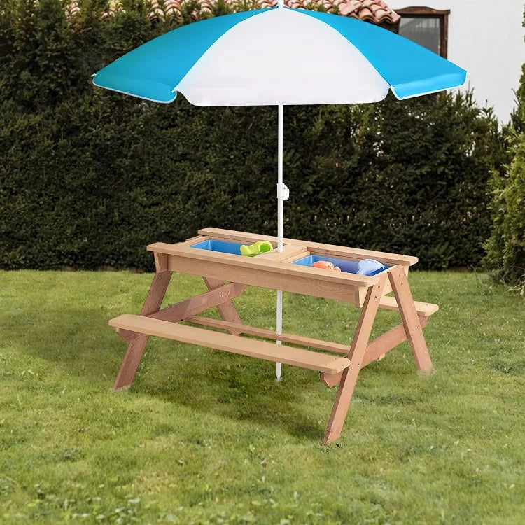 3-in-1 Kids Outdoor Wooden Picnic Table With Umbrella