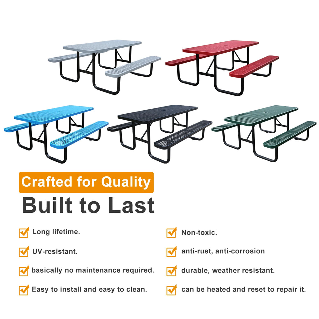 Outdoor Furniture Expanded Metal 4ft 6ft Rectangular Commercial Picnic Table With Bench Outside Patio Steel Camping Dining Table
