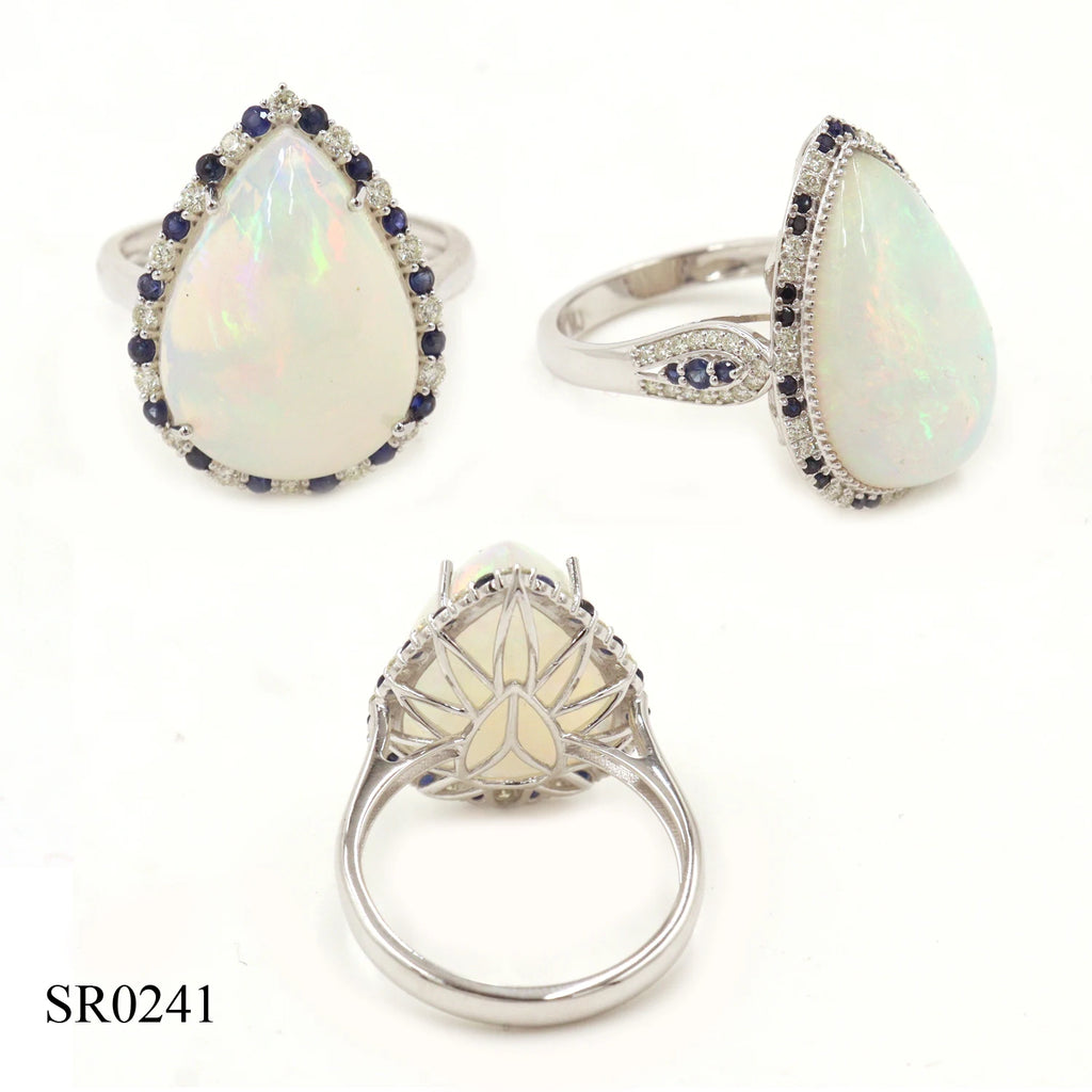 14KW Opal (Pears) 8.33 CT, Blue Sapphire (Round) 0.32 CT, White Diamond (Round) 0.24 CT Ring gemstone ring Gold rings  14K Gold