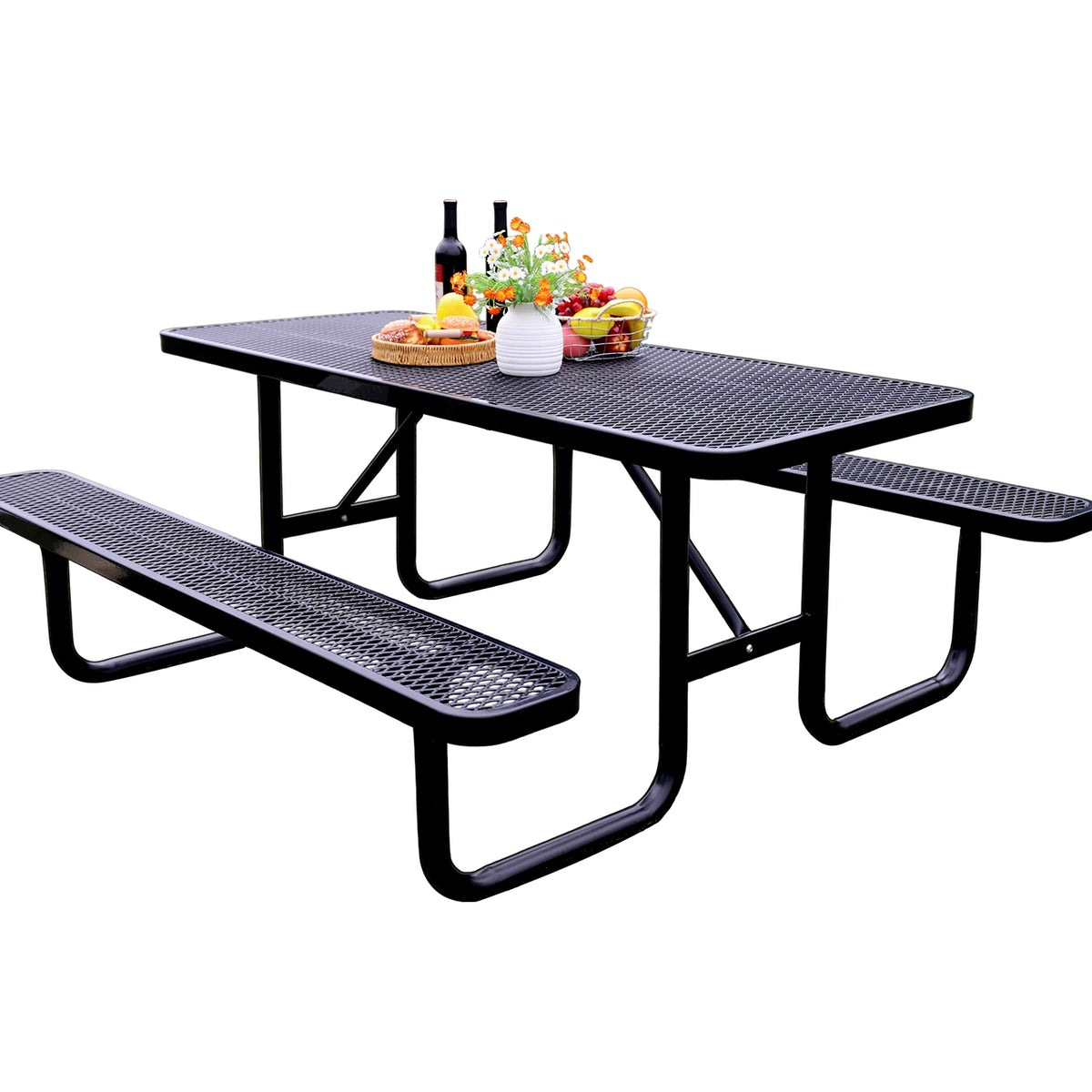 Outdoor Furniture Expanded Metal 4ft 6ft Rectangular Commercial Picnic Table With Bench Outside Patio Steel Camping Dining Table