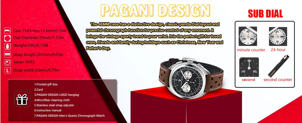 PAGANI DESIGN Men's Watches Retro Panda Dial Quartz Watch Men Japan VK63 Chronograph Sapphire Glass Wrist Watch Men 2026New-1782