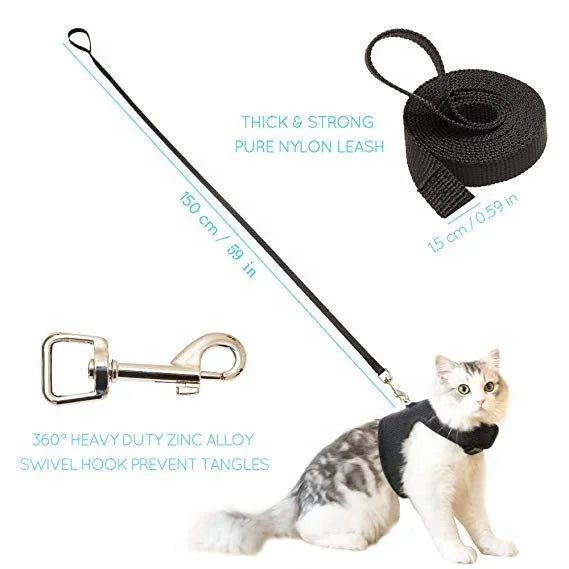 Black air Mesh Collar Cat Harness Adjustable with Leash